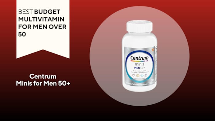 A red and black background with a white banner that reads Best Budget Multivitamin for Men Over 50 next to a bottle of Centrum Silver Minis Men 50+ Multivitamins